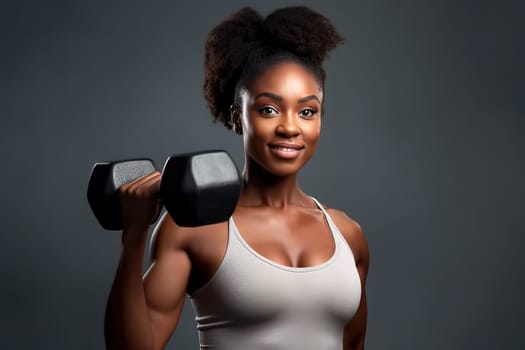 African American woman with dumbbells, studio shot. Generative AI. High quality illustration