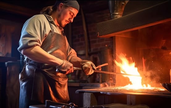 The blacksmith forges a sword. Generative AI. High quality illustration