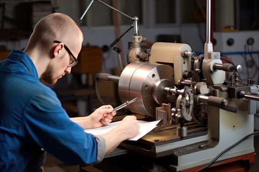 A turner makes a part on a lathe. Generative AI. High quality illustration