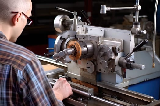 A turner makes a part on a lathe. Generative AI. High quality illustration