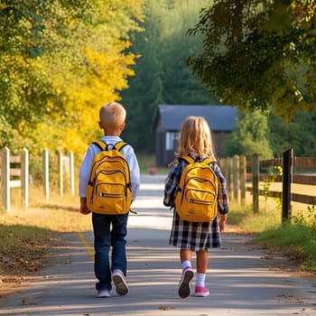 Children with backpacks go to school. Generative AI. High quality illustration