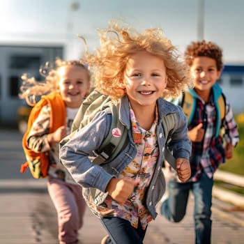 Joyful children with backpacks run to school. Generative AI. High quality illustration