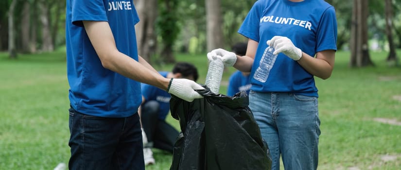 Team volunteers collecting garbage in public park. Environmental protection Concept.