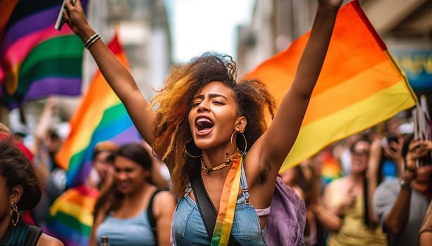 Crowd raising and holding rainbow flags during gay pride. Multiracial gay people having fun at pride parade Concept of lgbt,lgbtq and homosexual or transexual love proud LGBTQ community beautiful portrait