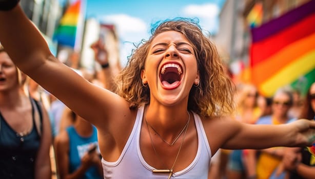 Crowd raising and holding rainbow flags during gay pride. Multiracial gay people having fun at pride parade Concept of lgbt,lgbtq and homosexual or transexual love proud LGBTQ community beautiful portrait