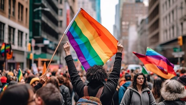 Crowd raising and holding rainbow flags during gay pride. Multiracial gay people having fun at pride parade Concept of lgbt,lgbtq and homosexual or transexual love proud LGBTQ community beautiful portrait