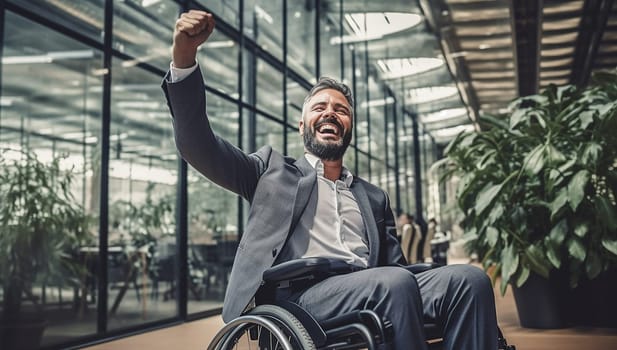 Portrait Of Young Happy successful Disabled business Man in Wheelchair wearing a business suit at the office. Cheering for victory and success modern