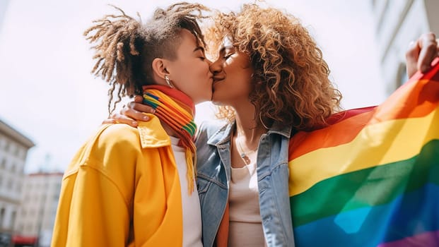 Portrait of young gay,lesbian couple embracing and showing their love with rainbow flag at the street. LGBTQ and love concept. LGBT Community