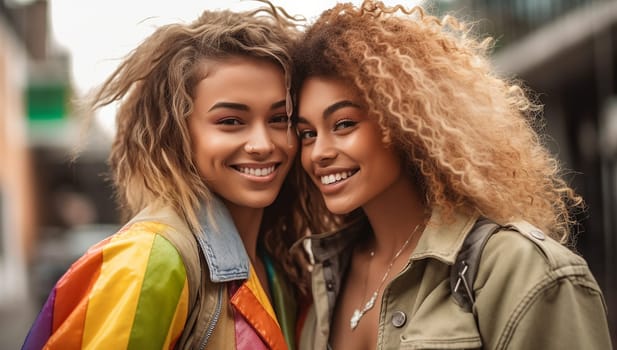 Portrait of young gay,lesbian couple embracing and showing their love with rainbow flag at the street. LGBTQ and love concept. LGBT Community