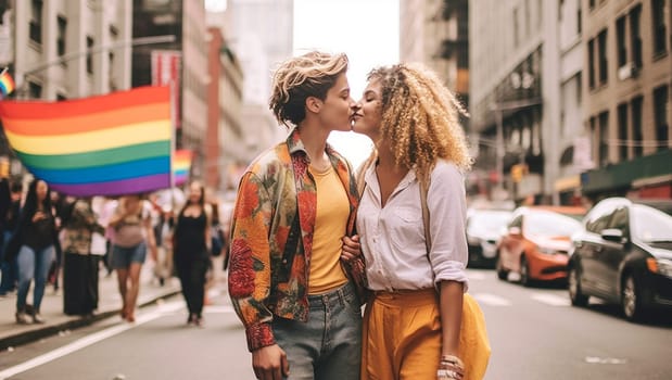 Portrait of young gay,lesbian couple embracing and showing their love with rainbow flag at the street. LGBTQ and love concept. LGBT Community