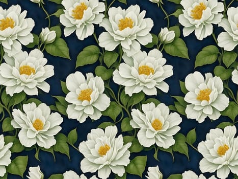 Floral Seamless Pattern of White Garden Flowers and Green Leaves on Dark Blue Backdrop. Wallpaper Design for Textiles, Interior, Clothes, Invitations, Postcards, Greetings, Covers. AI Generated