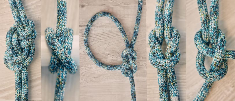 Collage, rope and knot with different knots on a wooden background from above. Tied, tying and secure with ropes in studio for hiking, boating or keeping things safe and secure in studio.
