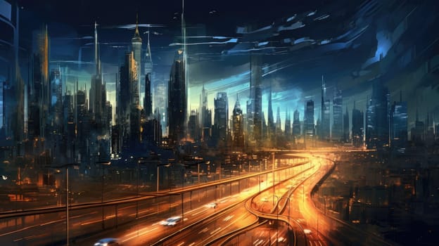 Abstract illustration. The city of the future with bright lines