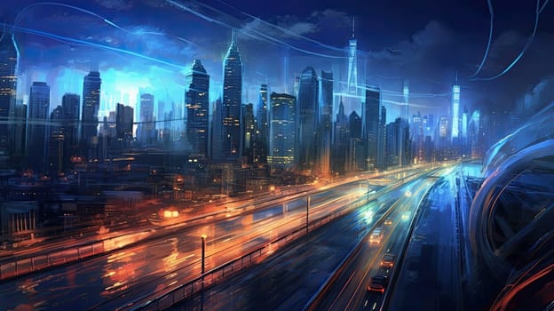 Abstract illustration. The city of the future with bright lines