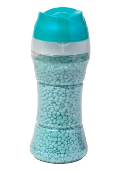 Plastic transparent bottle with aromatic granules for rinsing washing. Laundry softener