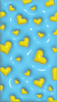 Abstract blue background with yellow hearts, wallpaper for mobile devices, 3D illustration