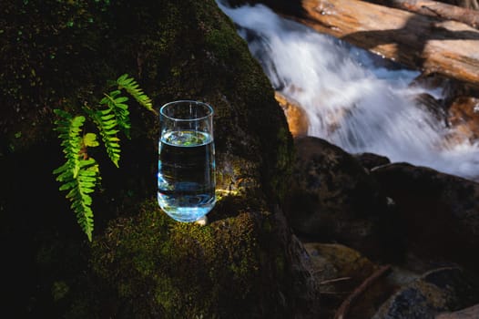 Clean water healthy concept. Transparent water from a mountain river in a coniferous forest in a glass glass stands on a stone against the background of splashes of a mountain river.