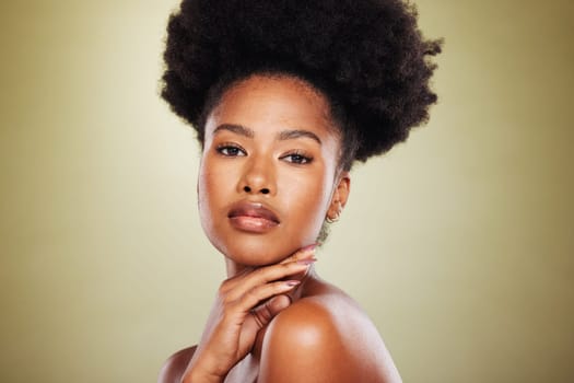 Black woman, portrait and beauty with skincare, hair care and cosmetic makeup in studio background. Model, afro and aesthetic with skin wellness or cosmetics for healthy facial texture and hygiene.