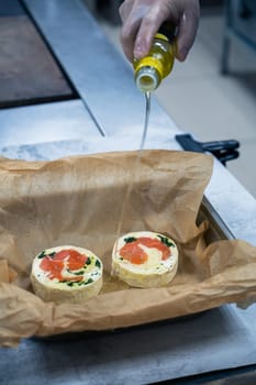 Preparing of salmon roll with mozzarella. Semi-finished dish