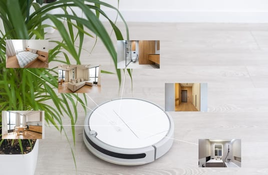 people, housework and technology concept. robot vacuum cleaner