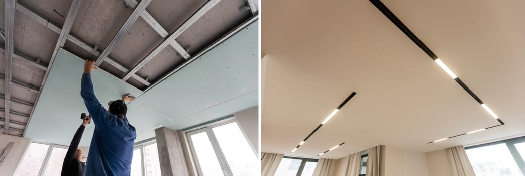 Construction of the wooden frame of a roof - Construction of Drywall-Plasterboard Before and after.