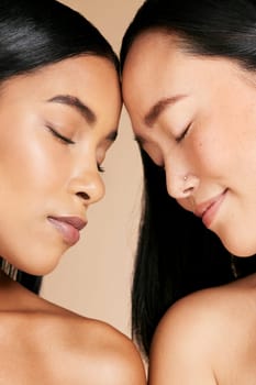 Women, skin and face beauty with skincare glow for diversity and cosmetic self care. Facial, dermatology and spa treatment for friends or models isolated against a brown studio background.