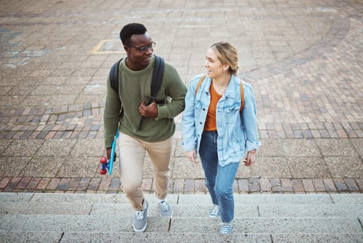 University, students and friends with education and campus, study and discussion, walk and talk together with learning. Scholarship, college and studying, communication with black man and woman.