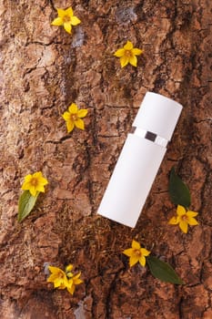 White plastic bottle with moisturizing face cream on tree bark with flowers. The concept of bio-organic cosmetics with natural extract and vitamins
