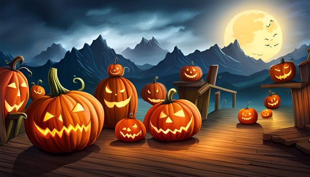 Halloween pumpkins and night scenery with bats and castle - Generative AI