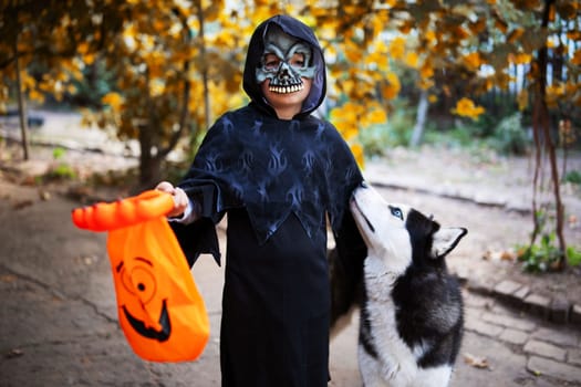 Little boy in halloween costume and mask, with his pet husky dog, holding a special candy bag in his hand . Trick or treat.