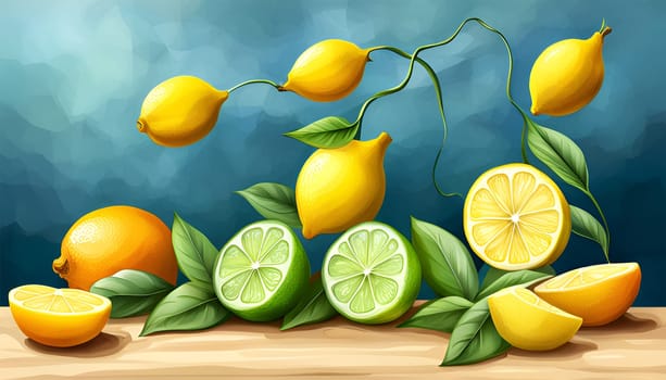 Fantasy yellow lemons on a table background - Generative AI