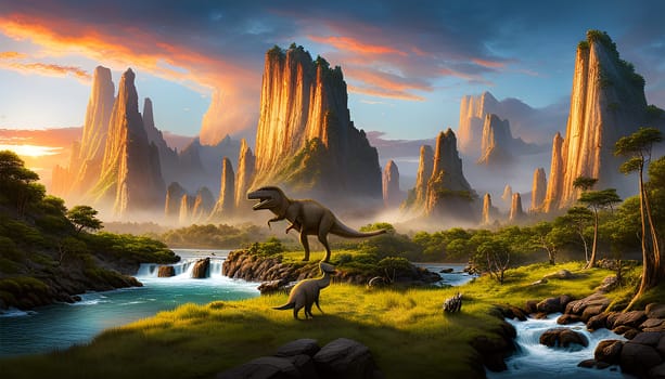 Prehistoric landscape with dinosaur by sunset- Generative AI
