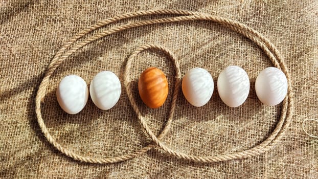 Many white eggs and one brown egg on rag jute cloth. Concept of individuality, exclusivity. Bullying, group and confrontation. Leadership and confidence. Agricultural Production of eggs, incubator