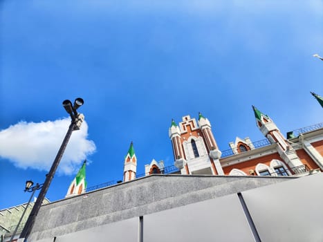 Security Camera system guarding street with moden and vintage building and blue sky on the background. Top view
