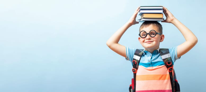 Funny smiling child school boy in glasses holding books on his head on blue background