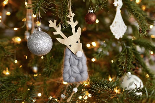 The toys hanging on a Christmas tree