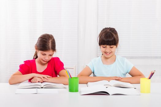 Two happy smiling schoolgirls studying at home
