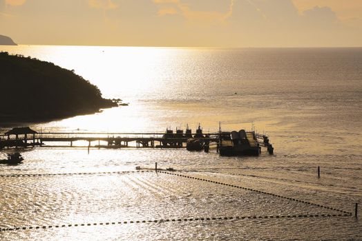 silhouette of the sea sunset, bird eye view