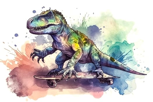 Watercolor illustration of a skateboarding Tyrannosaurus Rex with a cool vibe ai generation. High quality photo