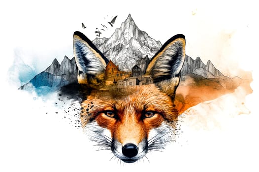 A beautiful fox illustration set against a stunning mountain backdrop ai generation. High quality photo