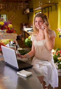 Florist woman, phone call and portrait with laptop, smile or communication in store for flowers. Small business owner, talking and happy for networking by computer, plants and retail customer service.