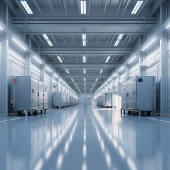 The logistics warehouse of the future. Bright large room with shelving