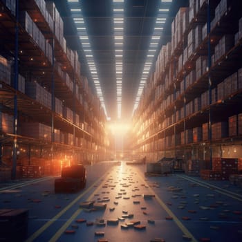 The logistics warehouse of the future. Large room with shelving