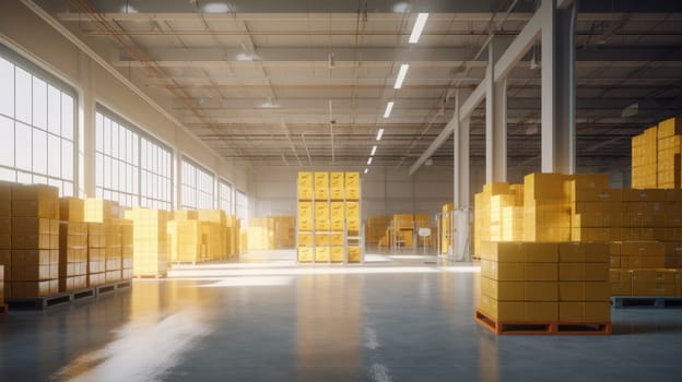 The logistics warehouse of the future. Bright large room with shelving