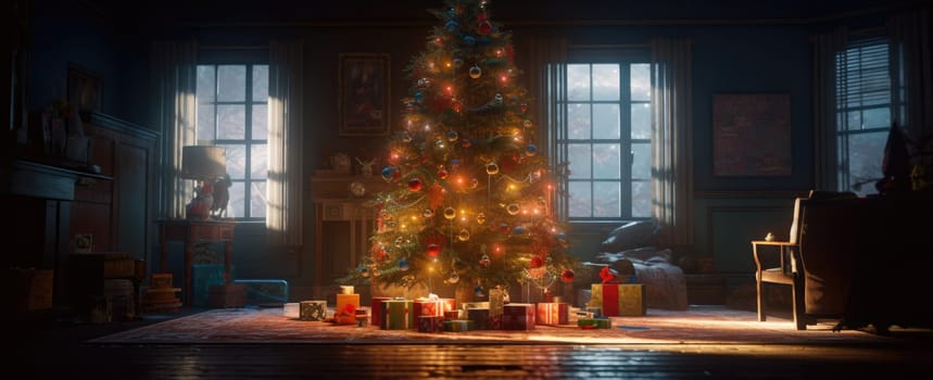 Decorated Christmas tree in a classic wooden interior. Evening or night