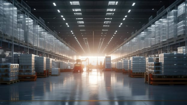 The logistics warehouse of the future. Bright large room with shelving