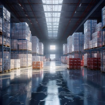 The logistics warehouse of the future. Bright large room with shelving