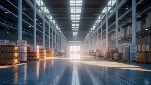 The logistics warehouse of the future. Bright large room with shelving