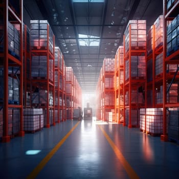 The logistics warehouse of the future. Bright large room with shelving