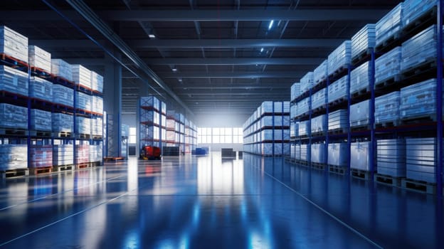 The logistics warehouse of the future. Bright large room with shelving